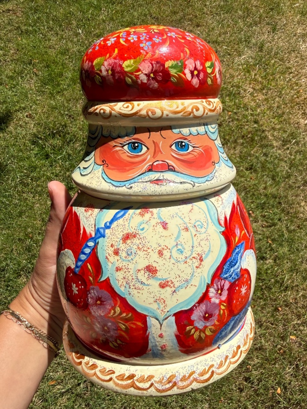 Wooden Hand-carved and Painted Russian Santa Claus Lidded -Lid Box Christmas.